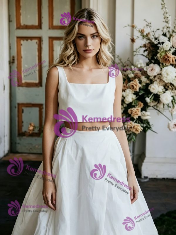 White Satin Straps Sleeveless Wedding Dress