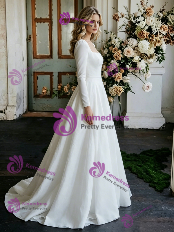 White Satin Square Neck Long Sleeve Wedding Dress