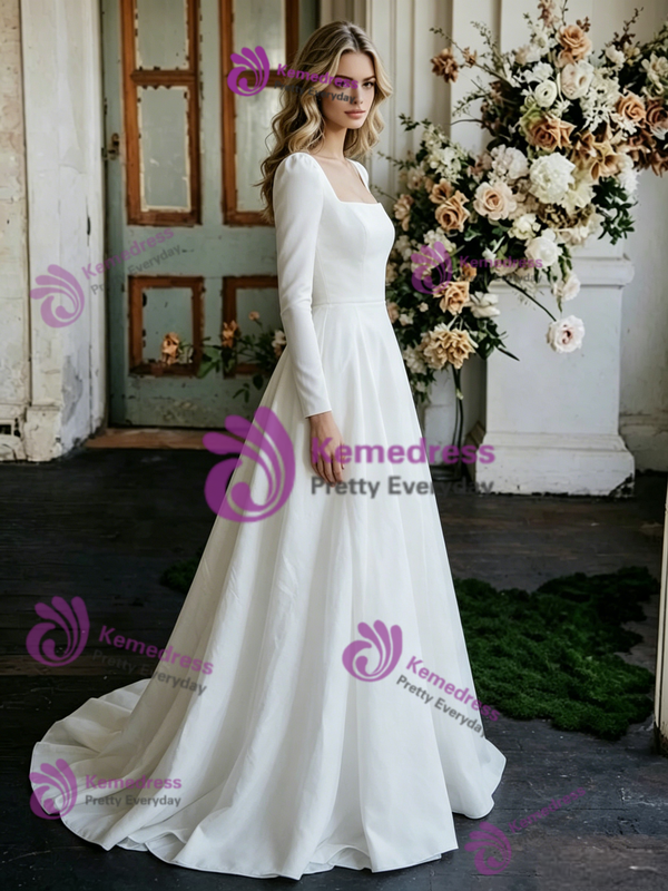 White Satin Square Neck Long Sleeve Wedding Dress