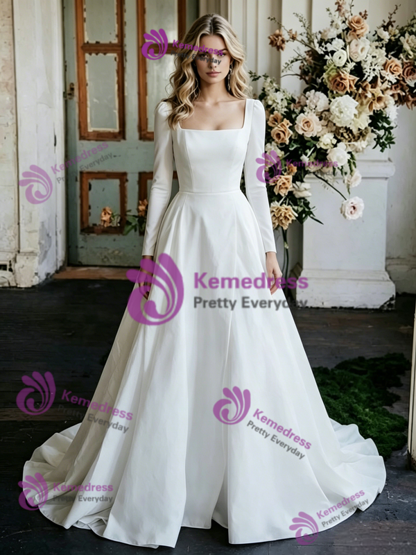 White Satin Square Neck Long Sleeve Wedding Dress