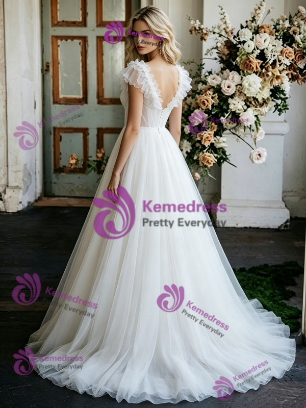 White Tulle V-Neck Flower Pleats Wedding Dress