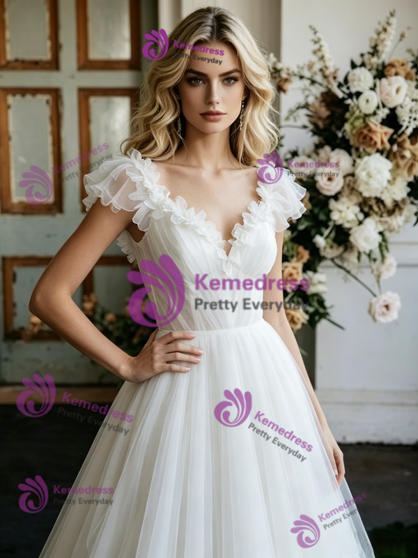 White Tulle V-Neck Flower Pleats Wedding Dress