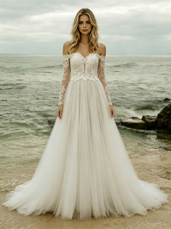 Beige White Off the Shoulder Lace Long Sleeve Wedding Dress
