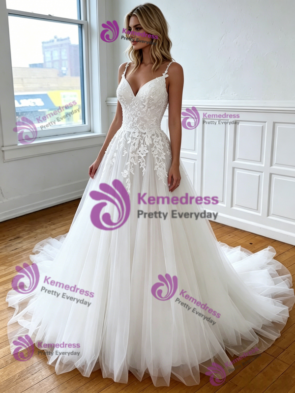 White Tulle Lace Appliques Straps Wedding Dress