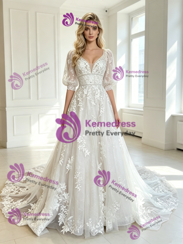 White Tulle Appliques V-Neck Puff Sleeve Wedding Dress