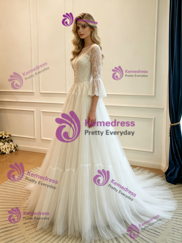 White White Tulle Lace Long Sleeve Wedding Dress