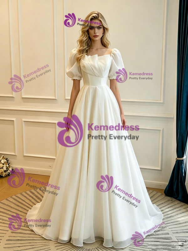 White Strapless Pleats Puff Sleeve Wedding Dress