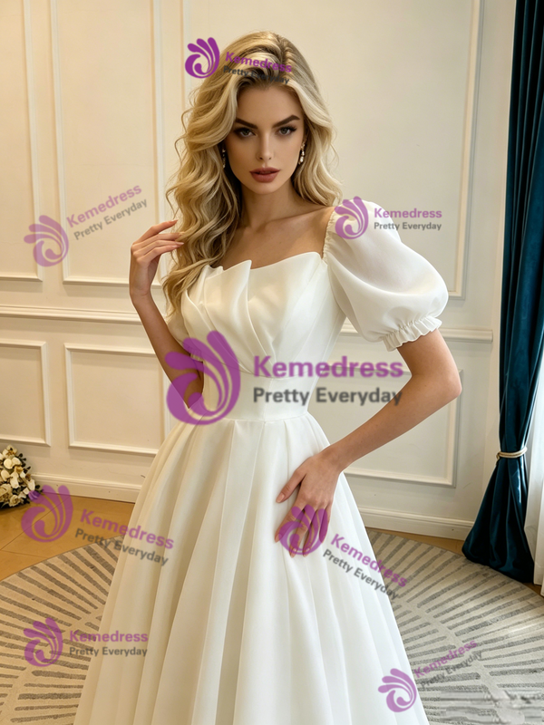 White Strapless Pleats Puff Sleeve Wedding Dress