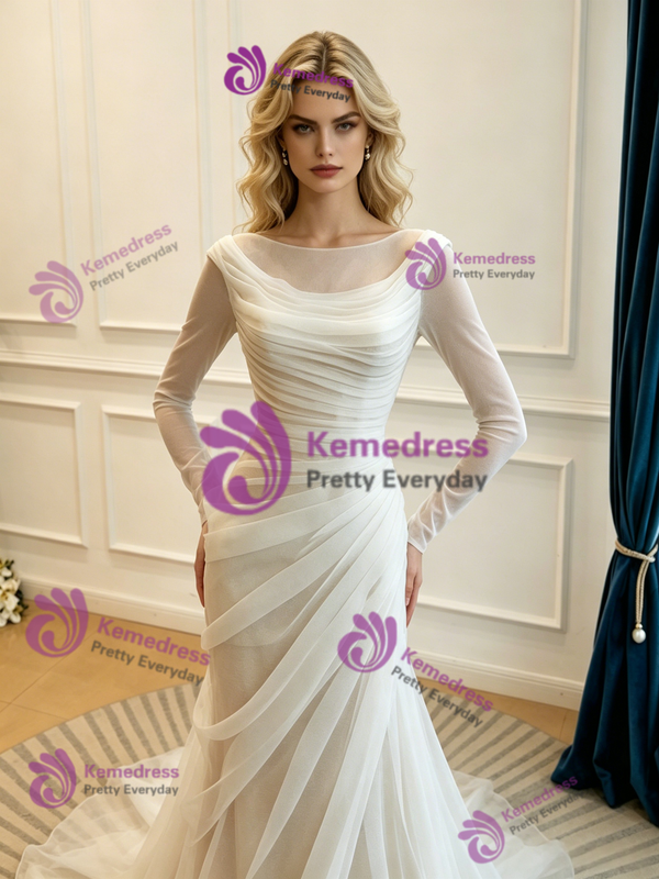 Sexy White Mermaid Tulle Pleats Long Sleeve Wedding Dress