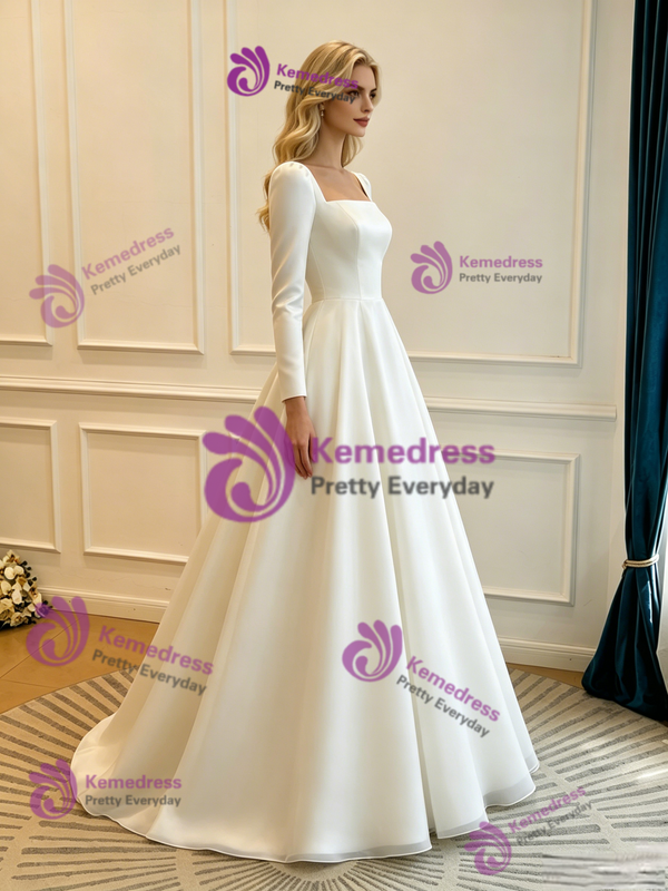 White Satin Square Neck Long Sleeve Wedding Dress