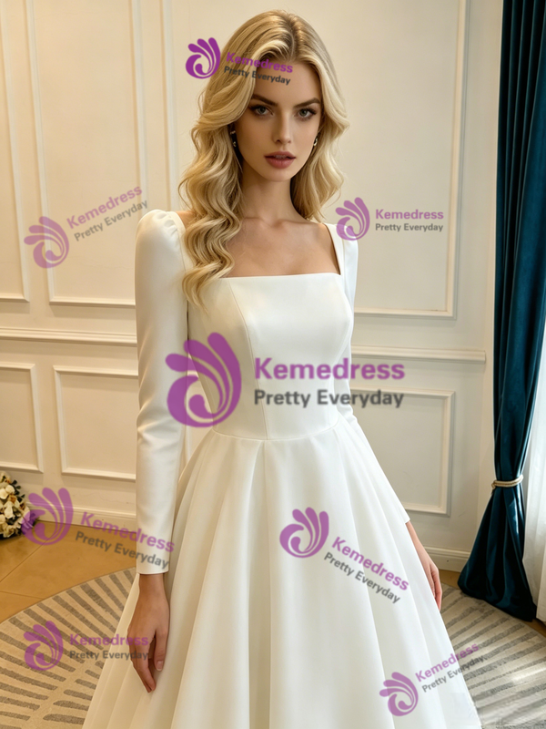 White Satin Square Neck Long Sleeve Wedding Dress