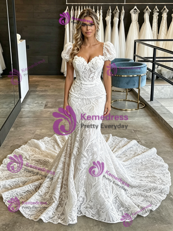 Sexy White Mermaid Lace Puff Sleeve Wedding Dress
