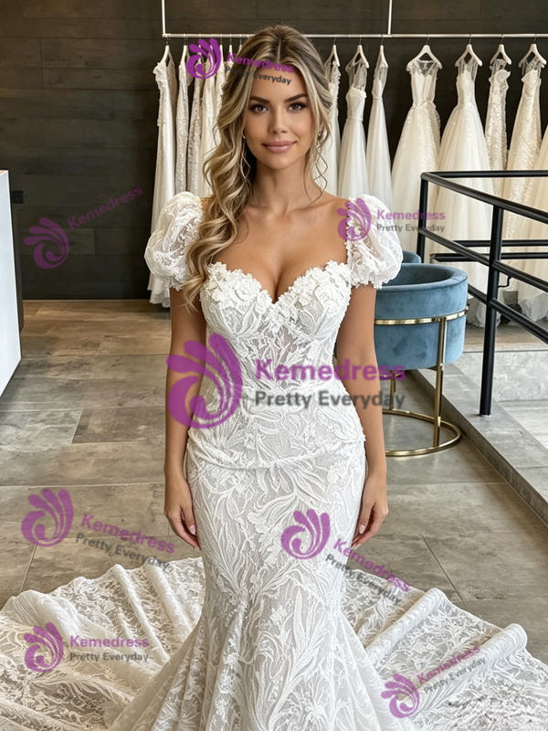 Sexy White Mermaid Lace Puff Sleeve Wedding Dress