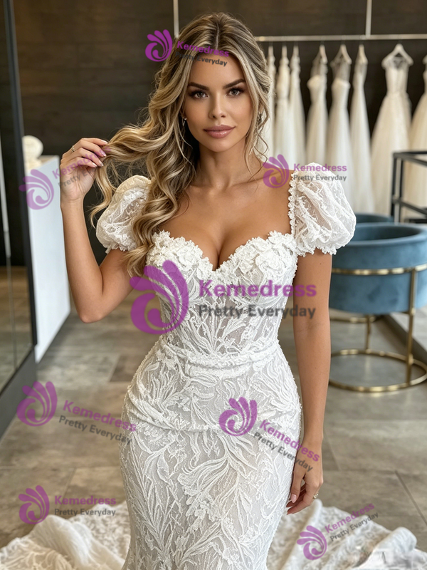 Sexy White Mermaid Lace Puff Sleeve Wedding Dress
