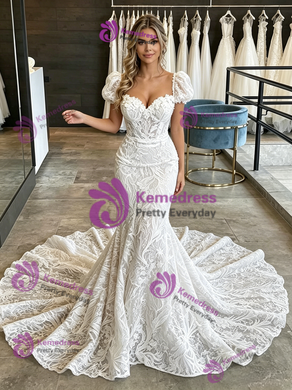 Sexy White Mermaid Lace Puff Sleeve Wedding Dress