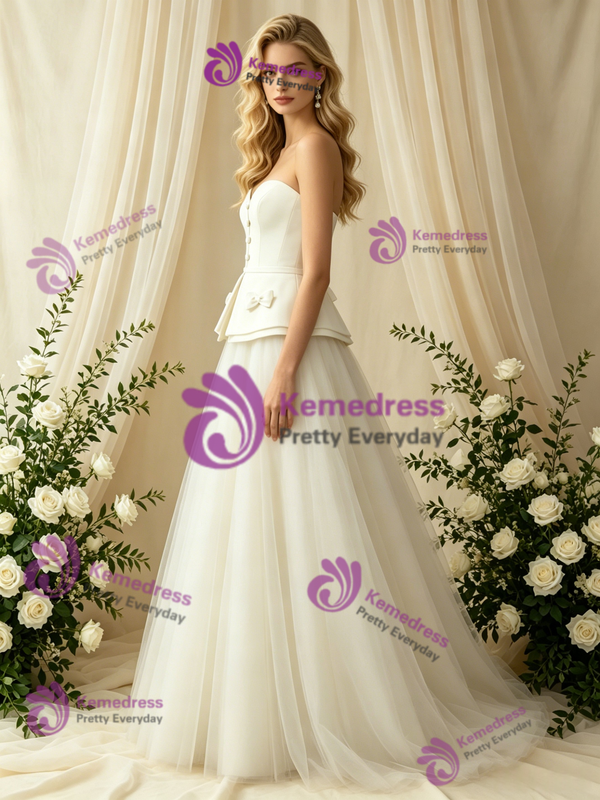 A-Line Ivory Tulle Strapless Bow Wedding Dress