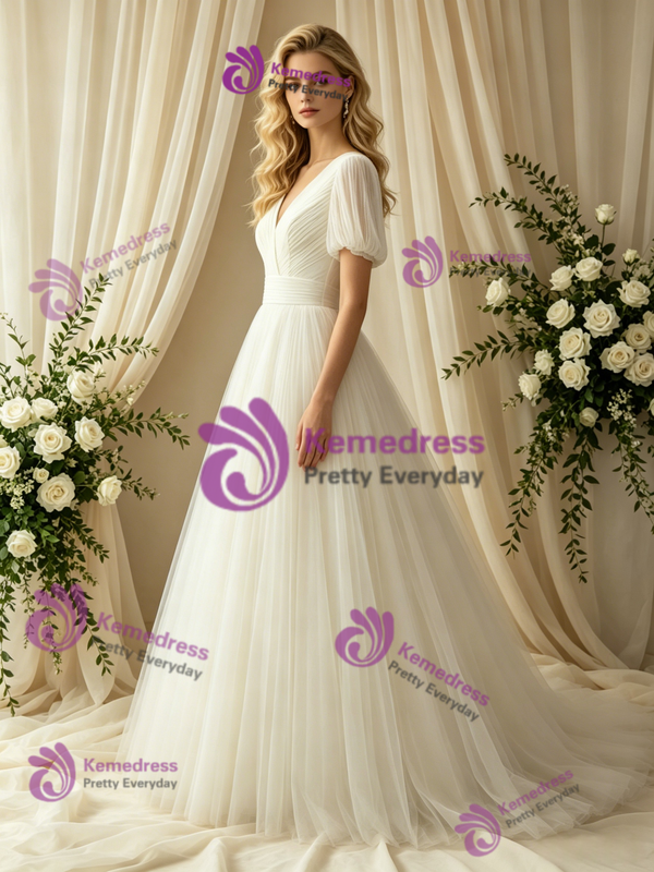 Simple Ivory Tulle V-Neck Puff Sleeve Wedding Dress