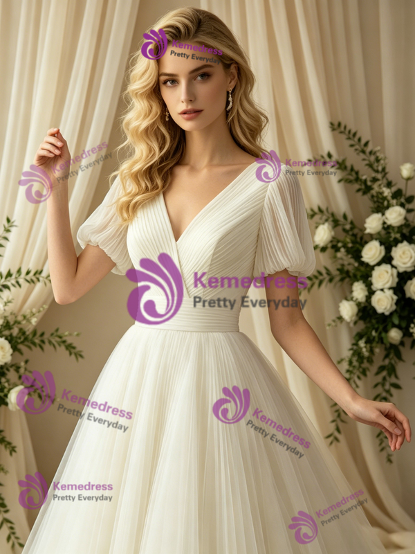 Simple Ivory Tulle V-Neck Puff Sleeve Wedding Dress