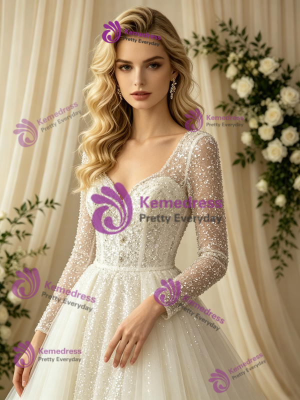 Long Sleeve Sequins V-neck Wedding Dress
