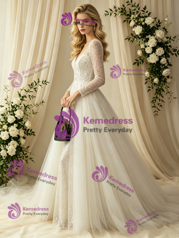 Long Sleeve Sequins V-neck Wedding Dress
