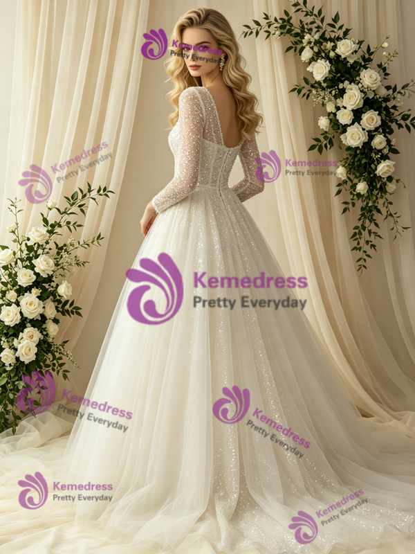 Long Sleeve Sequins V-neck Wedding Dress