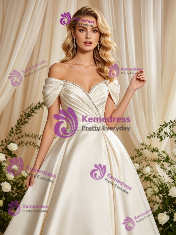 Ivory Satin Off The Shoulder Pleats Wedding Dress