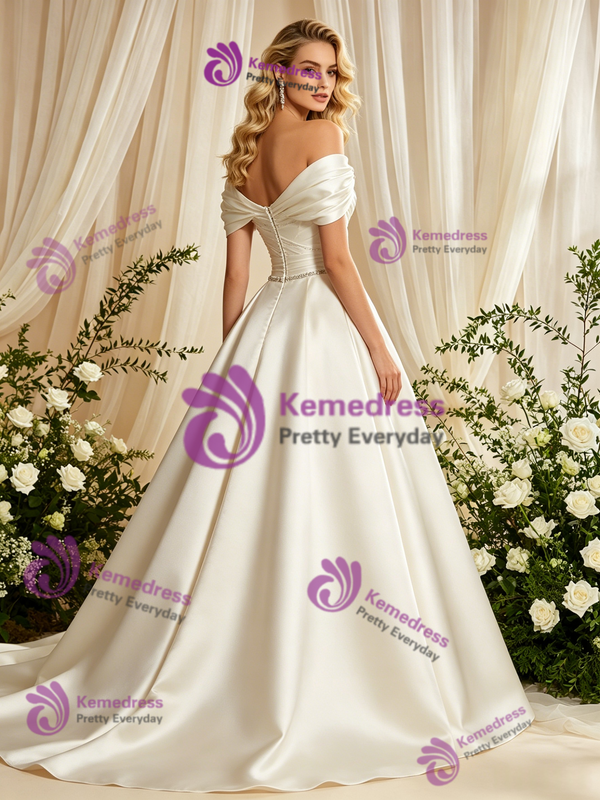 Ivory Satin Off The Shoulder Pleats Wedding Dress