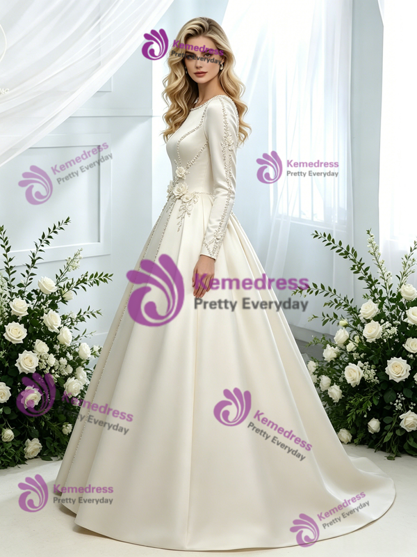 Ivory Satin Long Sleeve 3D Flower Wedding DressIvory Satin Long Sleeve 3D Flower Wedding Dress