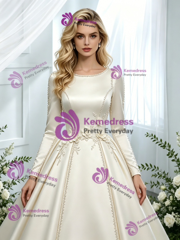 Ivory Satin Long Sleeve 3D Flower Wedding Dress