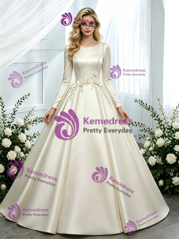 Ivory Satin Long Sleeve 3D Flower Wedding Dress