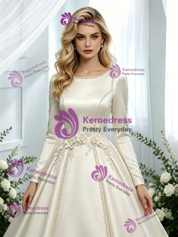 Ivory Satin Long Sleeve 3D Flower Wedding Dress