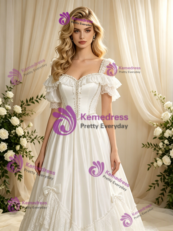 Beige White Tulle Lace Straps Puff Sleeve Wedding Dress