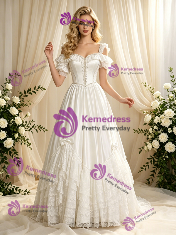 Beige White Tulle Lace Straps Puff Sleeve Wedding Dress