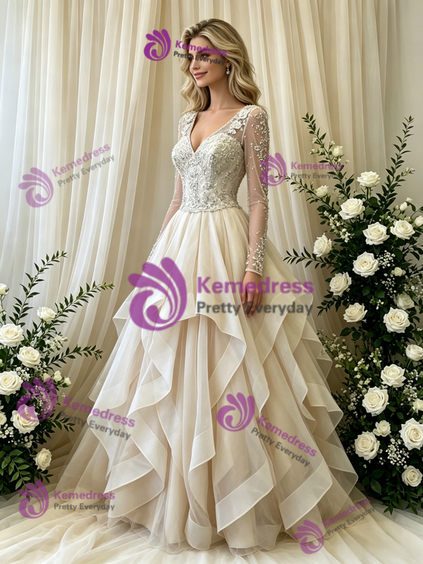 Ivory Tulle Long Sleeve V-Neck Beading Weding Dress
