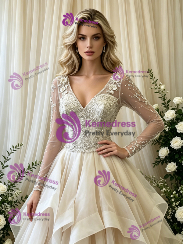Ivory Tulle Long Sleeve V-Neck Beading Weding Dress