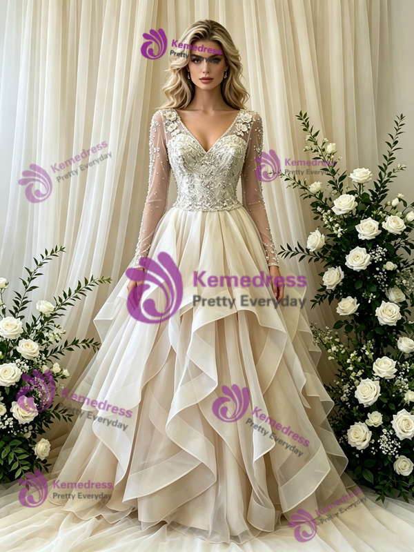 Ivory Tulle Long Sleeve V-Neck Beading Weding Dress