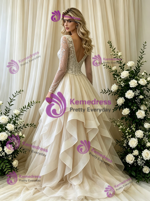 Ivory Tulle Long Sleeve V-Neck Beading Weding Dress