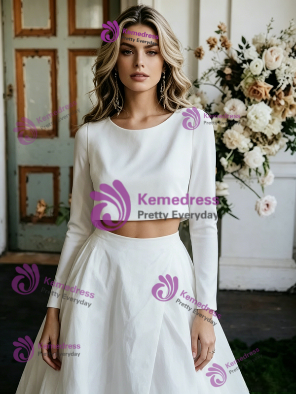 White Satin Long Sleeve Two Piece Wedding Dress