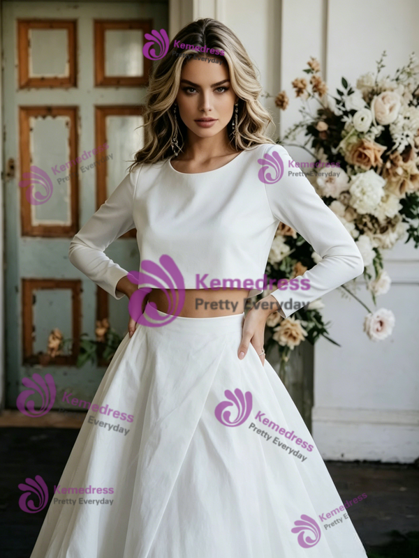 White Satin Long Sleeve Two Piece Wedding Dress