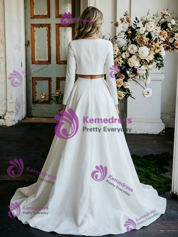 White Satin Long Sleeve Two Piece Wedding Dress