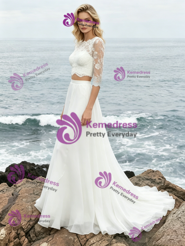 White Two PIece Short Sleeve Lace Wedding Dress