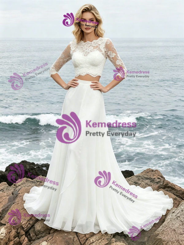 White Two PIece Short Sleeve Lace Wedding Dress