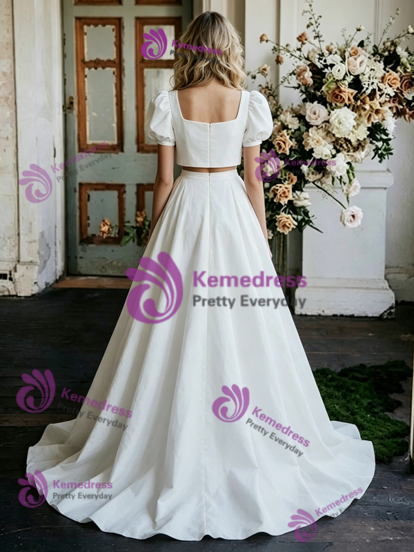 White Satin V-neck Two Piece Cap Sleeve Wedding Dress