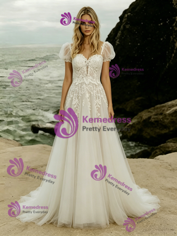 White Tulle Lace Puff Sleeve Wedding Dress
