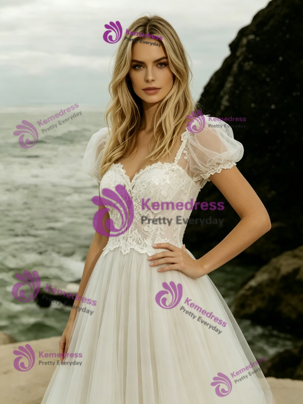 White Tulle Lace Puff Sleeve Wedding Dress