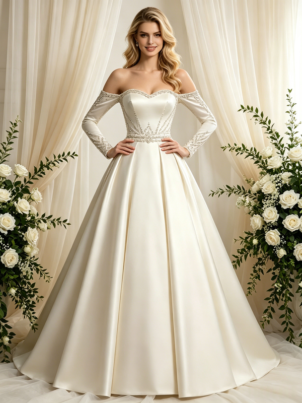 Ivory Satin Long Sleeve Off the Shoulder Beading Wedding Dress