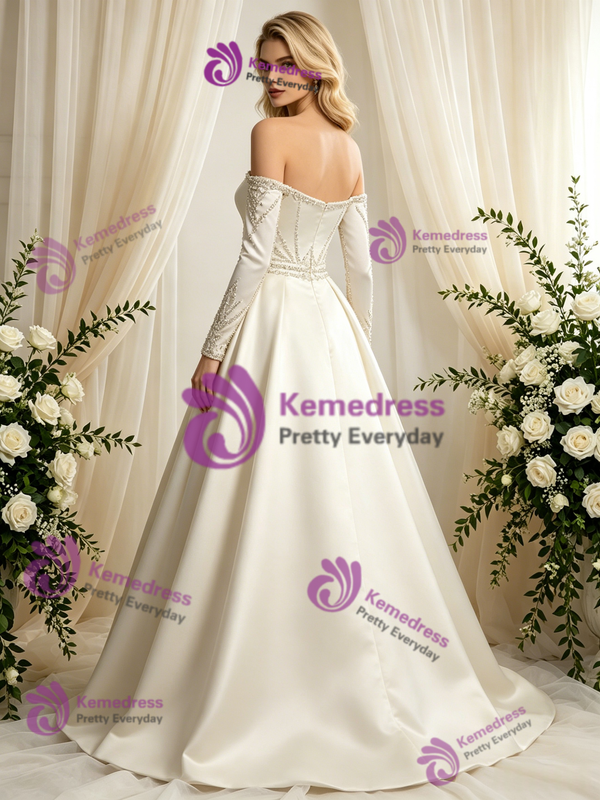Ivory Satin Long Sleeve Off the Shoulder Beading Wedding Dress