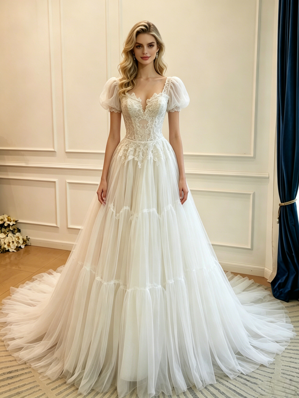 White Tulle Lace Puff Sleeve Wedding Dress