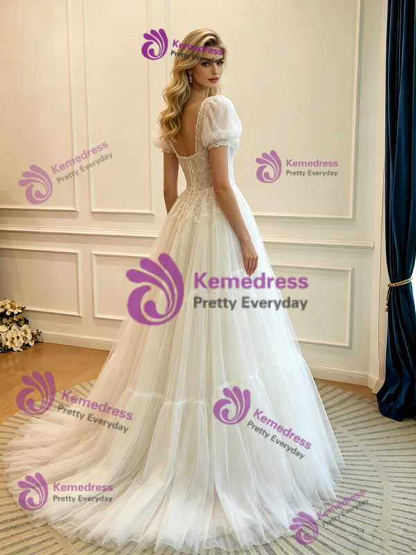 White Tulle Lace Puff Sleeve Wedding Dress