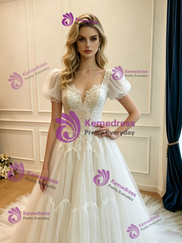 White Tulle Lace Puff Sleeve Wedding Dress